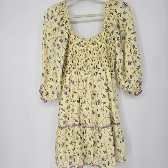 Omika Square Neck Mini Dress floral yellow bow back puffer sleeve size large - Picture 4 of 12